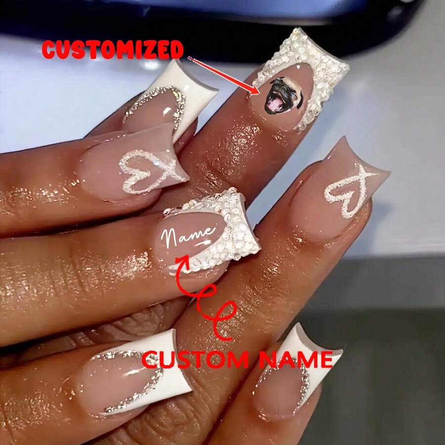 24pcs Custom Elegant White French Pointed Fake Nails With Shiny Heart Decor, Suitable For Women & Girls, Short Square Shape, Glittered Surface - Pink - View 1