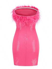 Vestido corto de fiesta sin tirantes, en unicolor, con detalles de plumas de felpa y lentejuelas - Rosa - Ver 11