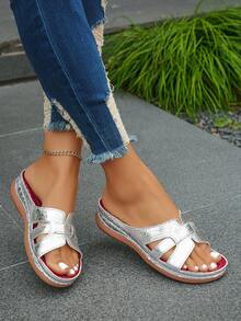 大码 36-43 夏季新款时尚休闲金色坡跟凉鞋，日常穿着露趾轻便银色女士坡跟厚底凉鞋 - 銀色褶皺 - 查看 2