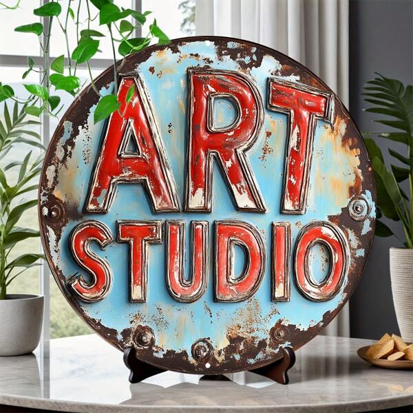 1pc Rustic "Art Studio" Metal Tin Sign, 20.32x20.32 Cm, Vintage Round Wall Decor, Distressed Blue & Red Design, Heavy Duty Iron, Suitable For Home, Office, Bar, Cafe, Garage, Bathroom, Bedroom - Durable & Weather-Resistant - Waterproof, Metal Wall Art Decor, 2D, Great For Room Decoration, Random Hole Style