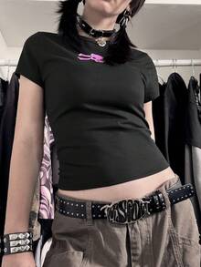 Camiseta de estilo callejero punk con estampado gótico de calavera de manga corta retro - Negro - Ver 3