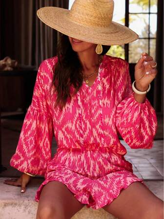 Tie-Dye Print V-Neck Lantern Sleeve Shirt And Shorts Casual Suit For Women, Resort Wear