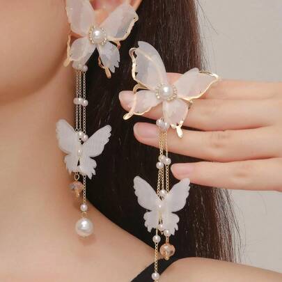 2pcs Elegant Lace, Rhinestone, Faux Pearl & Butterfly Dangle Earrings With Long Tassels For Women's Daily Wear, European And American Style