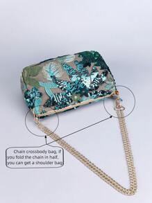Geantă de umăr cu lanț de broderie cu paiete, geantă crossbody semicerc florală cu broderie cu design clasic, geantă de cină cu fermoar cu cusături cu paiete, la modă pentru femei. Tipul de geantă preferat, geantă multifuncțională, poate fi crossbody, lanț pliat în jumătate poate fi un umăr. (Poziția modelului tăiată aleatoriu)