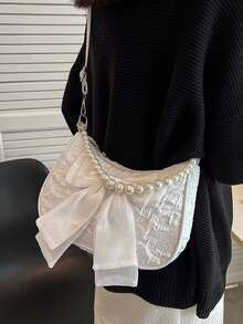 Fashionable Faux Pearl Chain Decorated Handheld & Shoulder Bag, Minimalist & Practical, Multi-Functional, Elegant Faux Pearl Bag , Small Bags , Beach - White - View 5