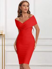 Vestido elegante de fiesta de verano para mujer, de hombros descubiertos, en color rojo y verde menta con diseño de vendaje - Rojo - Ver 3