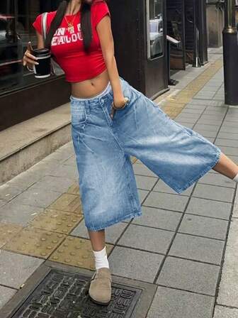 Y2K Vintage Washed Cat Whisker Pocket Wide Leg Bermuda Denim Jeans Shorts, Casual Capri Pants