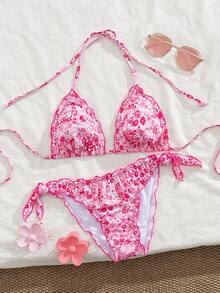 Women's Cute Floral Lace Ruffle Bikini 2 Pieces Set, Suitable For Summer Island Vacation Swimming - Multicolor - View 1