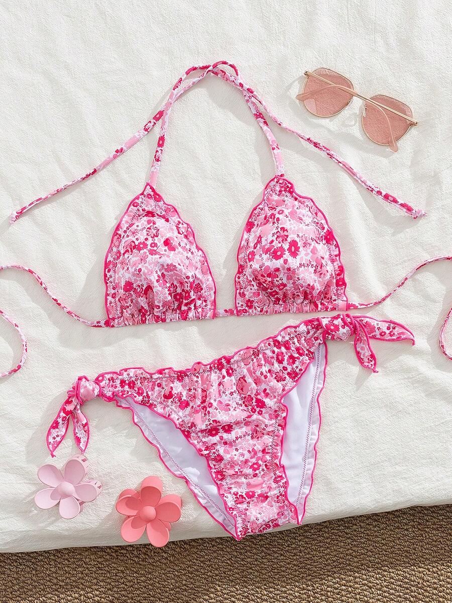Women's Cute Floral Lace Ruffle Bikini 2 Pieces Set, Suitable For Summer Island Vacation Swimming - Multicolor - View 1