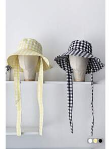 1pc Vacation Wide Brim Sun Protection Sun Hat For Women, Fashion Beach Casual Bowknot Colorful Plaid Foldable Bucket Hat, Bohemian Style - Bucket Hat With Tie - View 4