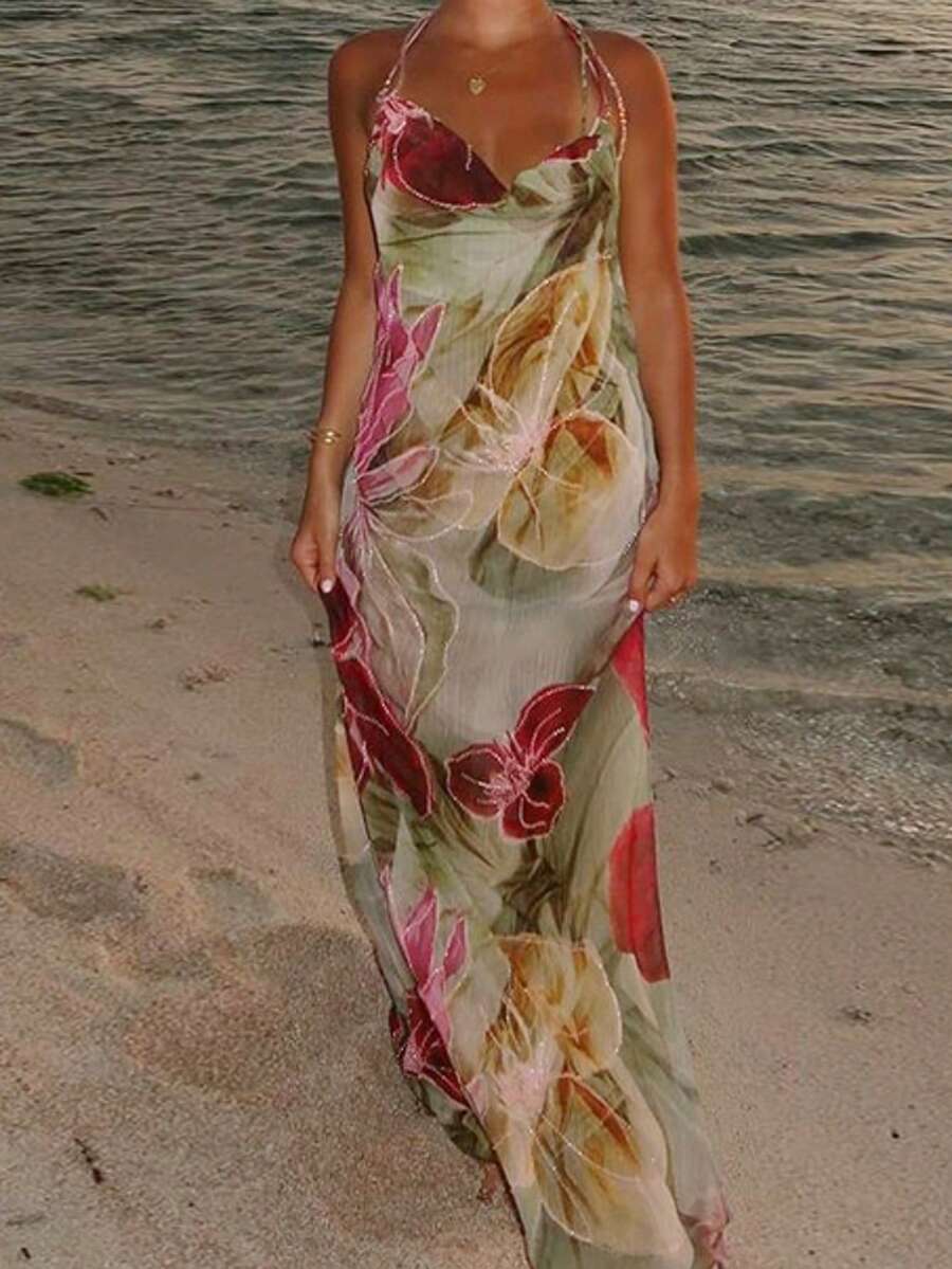 1 chiếc váy buộc phía trước hở lưng họa tiết hoa và lá, chụp ảnh kỳ nghỉ bãi biển bằng vải dệt kim Bohemian, mùa xuân/hè - màu xanh lá - Xem 1