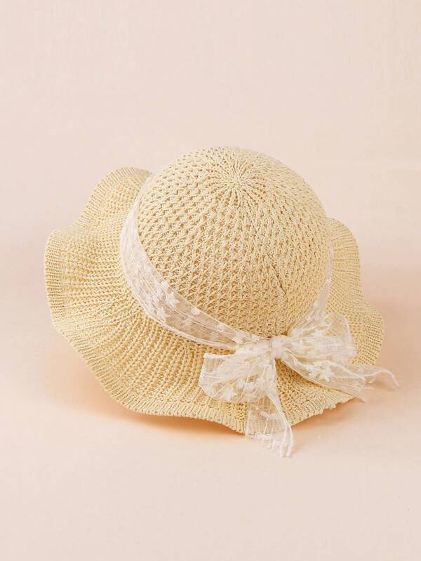 1pc Kids/Toddlers Wide Brim Knitted Lace Bow Decor Sun Protection Hat, Breathable Children Summer Sun Hat, Suitable For Spring Summer Autumn