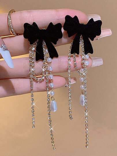 1 par de aretes elegantes exclusivos con lazo minimalista y perla, esponjosos