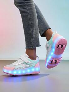 LED发光轮滑鞋，四轮两用轮滑鞋，时尚LED灯户外儿童鞋，轻便休闲运动滑板鞋，适合男孩和女孩 - 薄荷綠 - 查看 8