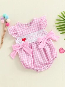Baby Girl Mother Day Romper Plaid Print Letter Embroidery Flying Sleeve Round Neck Jumpsuit Bubble Bodysuit - 粉色 - 查看 4