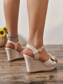 Women's Bow Decor Rope Bottom Sandals, Summer Vacation Style, Pink Platform Sandals - Beige - View 5