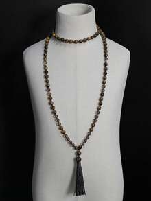 Collar de cuentas Mala de 108 cuentas de 8mm de ojo de tigre con cuarzo ahumado, collar con borla bohemio para meditación y oración, joyería para hombres y mujeres - Multicolor - Ver 4