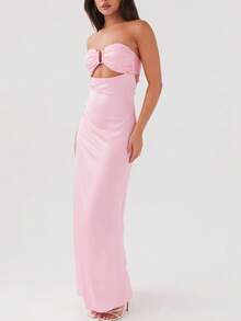 Y2k Floral Cut Out Strapless Maxi Dress For Women 2025 Summer Backless Bodycon Satin Tube Dress Off Shoulder Formal Cocktail Beach Long Sundress - Hồng - Xem 4