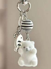 1件装女士植绒卡通小北极熊钥匙扣，配有心形、鱼形和串珠吊坠，可爱又精致，可用于耳机、包包、钥匙扣、汽车配件、包包挂饰、学院风哥特风Y2K圣诞礼物创意包带，带证件夹，汽车配件，包包挂饰，汽车配件，送给老师、朋友、姐妹的礼物 - 黑與白 - 查看 2