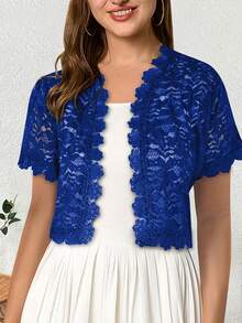 Camellia Lace Short Sleeve Cardigan Jacket - Royal Blue - View 3