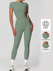 Yefecy 2/4 女式纯色圆领 T 恤和高腰紧身裤运动服套装，运动舒适 T 恤和紧身裤，适合瑜伽健身房锻炼，女士夏季返校运动服，女式运动服，市中心女孩服装春夏风格 - 薄荷綠 - 查看 2