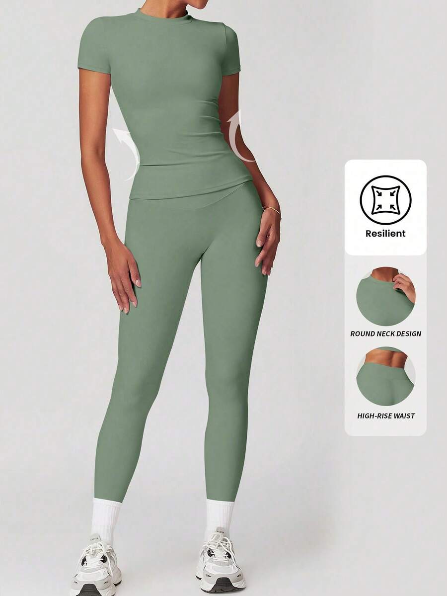 Yefecy 2/4 女式纯色圆领 T 恤和高腰紧身裤运动服套装，运动舒适 T 恤和紧身裤，适合瑜伽健身房锻炼，女士夏季返校运动服，女式运动服，市中心女孩服装春夏风格