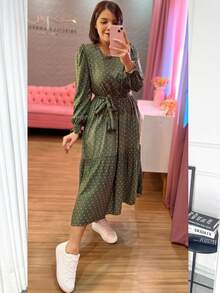 Polka Dot Midi Dress - Olive Green - View 2