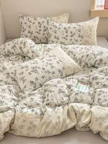 4pcs Green Hollow Ditsy Floral Printed Bedding Set (1*Duvet Cover + 1*Flat Sheet + 2*Pillowcase) Flowers And Branches, Solid Color Sheet, Cozy And , Suitable For Valentine's Day And Daily Use, 100% Polyester, Machine Washable, All Season - Multicolor - View 18