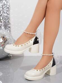 女士优雅仿珍珠装饰带漆皮礼服鞋，玛丽珍款式舒适皮鞋 - 米色 - 查看 6