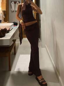 Sexy Halter Backless Fitted Crop Top And Bodycon Skirt 2pcs Set - Coffee Brown - View 4