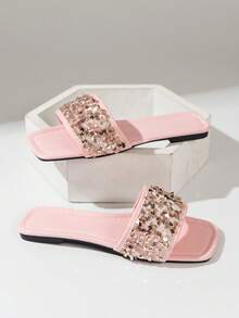 Stylish Women Flat Sandals, Square Toe Slip-On, Sequin Embellished, Versatile Wear For Spring And Summer - Pink - View 2