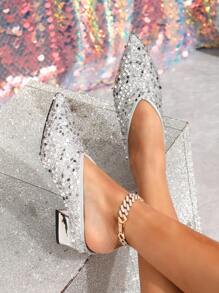 Pointed Toe Silver Sequin Material Mule Slippers, V-Cut Mid Heel Sexy Party Pumps, Versatile Vintage Grandmother Style High Heel Shoes For Women