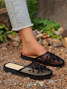 2025 Model Women's Handwoven Bead & 3 Flower Embroidered Mesh Slip-On Slipper - Black - View 2