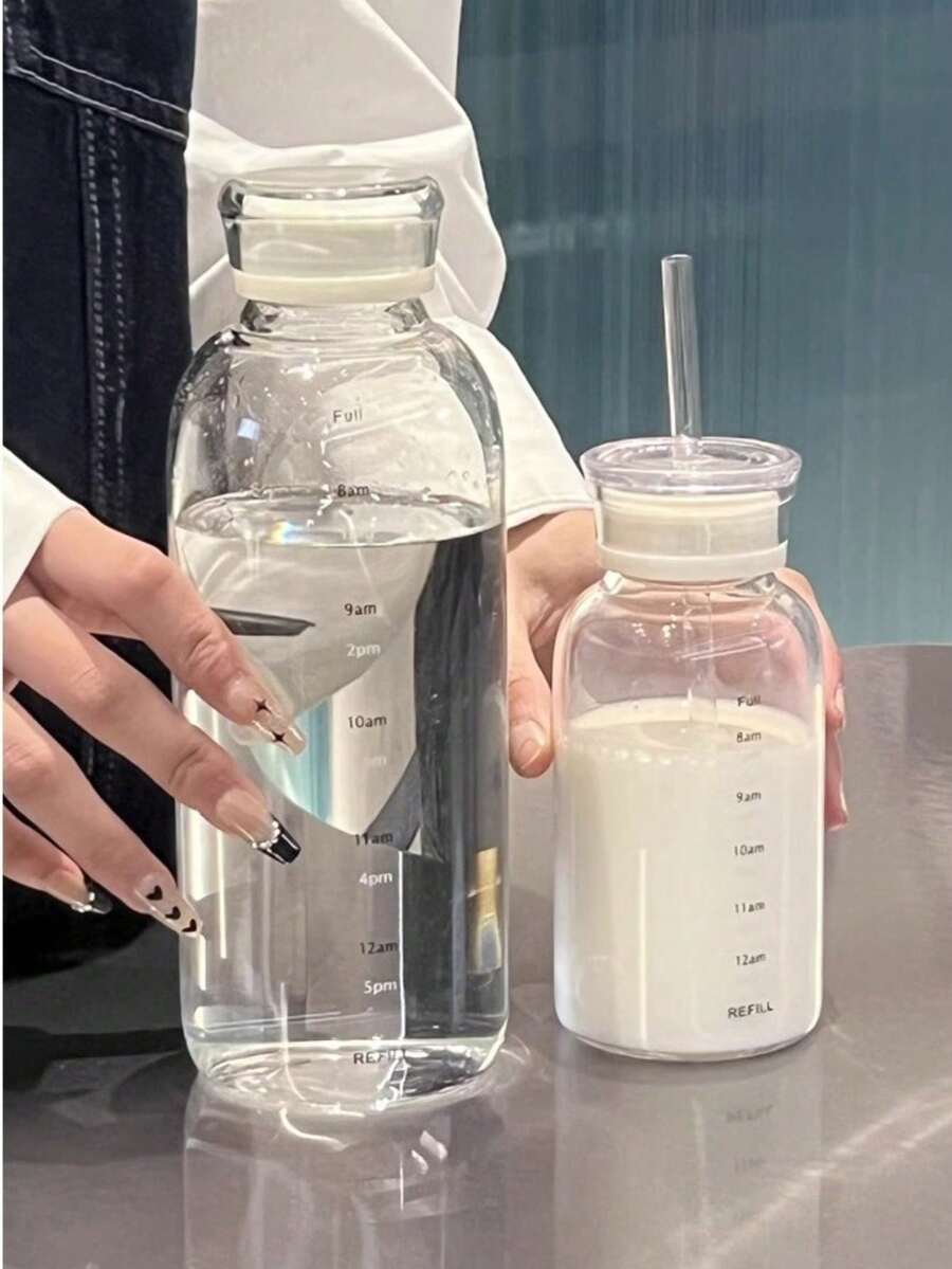 1 件装汽车杯玻璃水瓶，带大容量刻度，耐高温，双盖，吸管，水果茶杯，户外情侣牛奶杯，350ml/450ml/750ml 可选，透明色和灰色 - 無色 - 查看 1