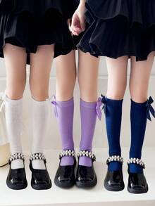 3 双女童蝴蝶结装饰及膝袜，弹性舒适透气，宝宝休闲节日生日派对日常穿着，四季皆宜