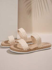 Plus Size Women's Summer New Fashion Wide Weaving Straw Bohemian Style Beige Braided Rope Sole Casual Slippers, Lightweight Comfortable Slip-On Beach Sandals, Non-Slip