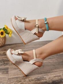 Women's Bow Decor Rope Bottom Sandals, Summer Vacation Style, Pink Platform Sandals - Beige - View 6