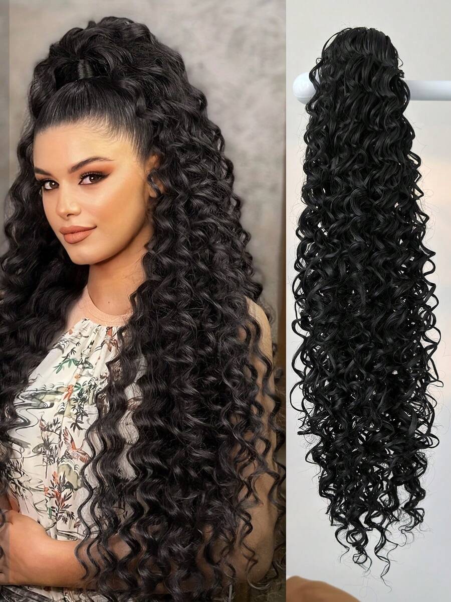 26 Inch Wavy Curly Elastic Claw Ponytail Hair Extensions, Heat Resistant, Black