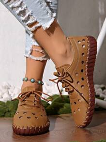 Women's Spring/Summer New Leather Flat Brown Casual Shoes, Hollow Design Round Toe Lace-Up Sandals, Breathable Comfortable Non-Slip
