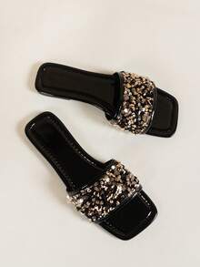 Women's Flat Sandals, Square Toe Sequin Embellished Flat Sandals, Versatile For Spring/Summer - Gold - View 5