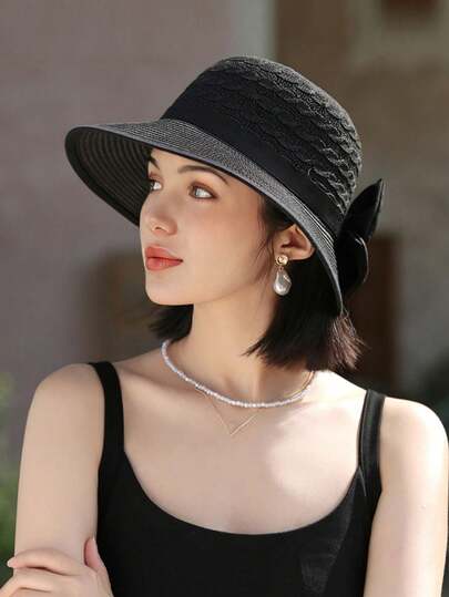 1pc Women Summer Sun Hat, Fashionable Simple Large Brim Hat With Bow, Versatile Sun Protection Hat For Summer