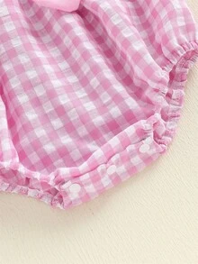 Baby Girl Mother Day Romper Plaid Print Letter Embroidery Flying Sleeve Round Neck Jumpsuit Bubble Bodysuit - 粉色 - 查看 6
