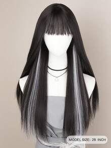 Synthetic Long Straight With Bangs Black & White Ombre Wig, Suitable For Women For Daily Use, Cosplay, Halloween, Christmas - 挑染白色 - 查看 4