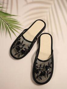 2025 Model Women's Handwoven Bead & 3 Flower Embroidered Mesh Slip-On Slipper - Black - View 7