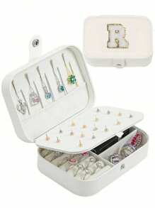 1 件情人节礼物旅行珠宝盒，PU 皮革珠宝收纳盒，女士女孩双层便携式迷你旅行盒展示收纳盒，适用于耳环、戒指、项链、手链 - 白色 - 查看 24