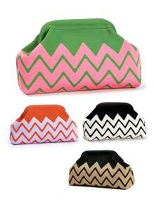 Bolso de embrague de punto a rayas y parches de moda, bolsa de maquillaje con estructura duradera y patrón ondulado de punto, bolsa de almacenamiento elegante para exteriores, bolsa de playa de vacaciones, bolsa de fiesta y noche, artículos de viaje portátiles de uso diario