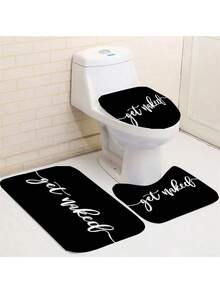 1/4 Pieces Set Black Printed Bathroom Shower Curtain, Non-Slip Bath Mat Rug, U-Shaped Toilet Cover, Bathtub Curtain, 71"X71", With 12 Hooks, Bathroom Decor Fall Decor Bathroom Accessories Back To School