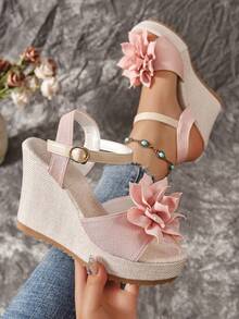 Women's Bow Decor Espadrille Wedge Sandals, Summer Resort Style, Pink - Pink - View 6