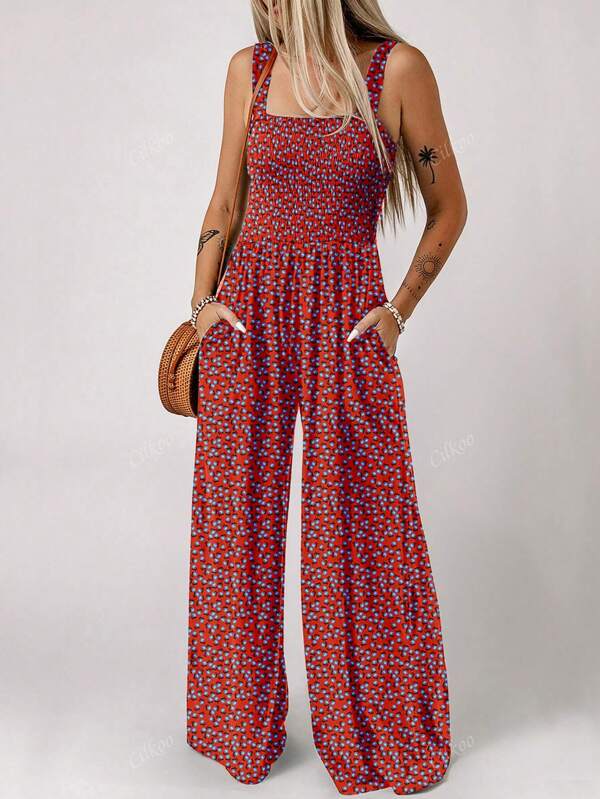 CILKOO Bohemian Ditsy Floral Print Square Neck Sleeveless Loose Shirred Cami Jumpsuit With Pockets, Summer Casual Wide Leg Pants