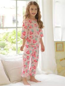 2 件套年轻女孩卡通印花短袖上衣和 3/4 裤睡衣套装，轻盈夏季 - 彩色 - 查看 1